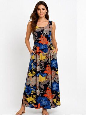 Mango Suit Floral Rayon Maxi Dress Sleeveless Elastic Waist Pockets Blue Orange